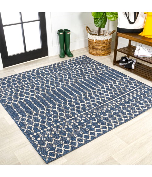 SANTA MONICA Area Rug Ourika Moroccan Geometric Textured Weave Navy/Beige 5' Square Indoor/Outdoor Area Rug
