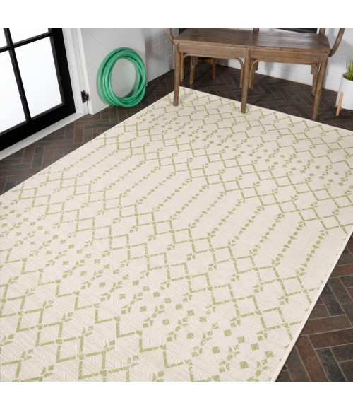 SANTA MONICA Area Rug Ourika Moroccan Geometric Textured Weave Cream/Green 3 ft. x 5 ft. Indoor/Outdoor Area Rug