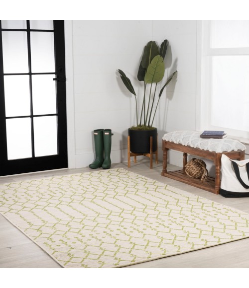SANTA MONICA Area Rug Ourika Moroccan Geometric Textured Weave Cream/Green 3 ft. x 5 ft. Indoor/Outdoor Area Rug