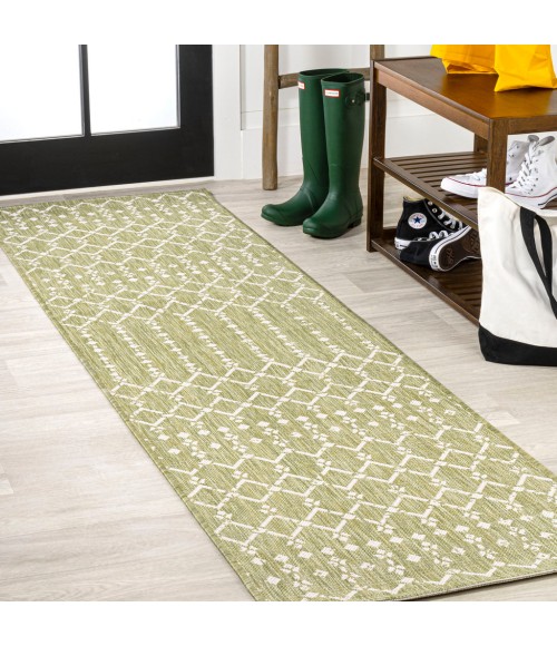 SANTA MONICA Area Rug Ourika Moroccan Geometric Textured Weave Light Green/Cream 2 ft. x 10 ft. Indoor/Outdoor Runner Rug