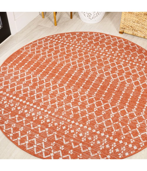 SANTA MONICA Area Rug Ourika Moroccan Geometric Textured Weave Orange/Cream 5' Round Indoor/Outdoor Area Rug