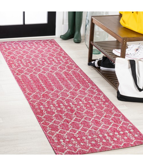 SANTA MONICA Area Rug Ourika Moroccan Geometric Textured Weave Fuchsia/Light Gray 2 ft. x 8 ft. Indoor/Outdoor Runner Rug