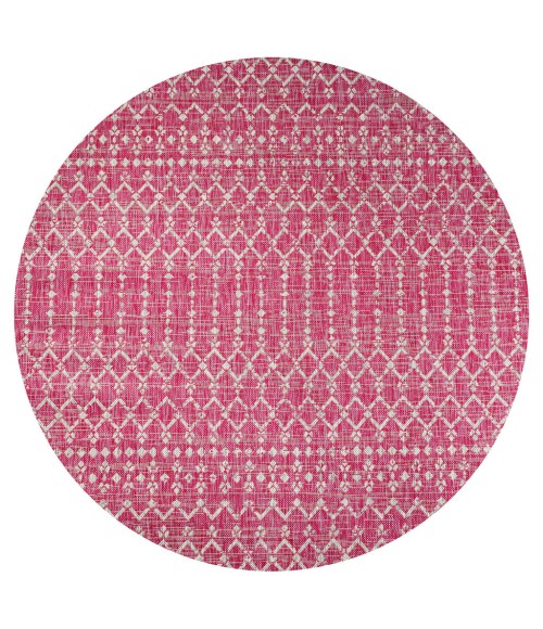 Ourika Moroccan Geometric Textured Weave Fuchsia/Light Gray 5' Round Indoor/Outdoor Area Rug