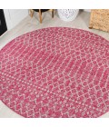 Ourika Moroccan Geometric Textured Weave Fuchsia/Light Gray 5' Round Indoor/Outdoor Area Rug