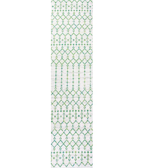 SANTA MONICA Area Rug Ourika Moroccan Geometric Textured Weave Green/Ivory 2 ft. x 10 ft. Indoor/Outdoor Runner Rug