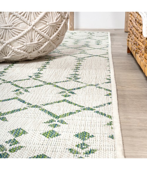 SANTA MONICA Area Rug Ourika Moroccan Geometric Textured Weave Green/Ivory 5' Round Indoor/Outdoor Area Rug