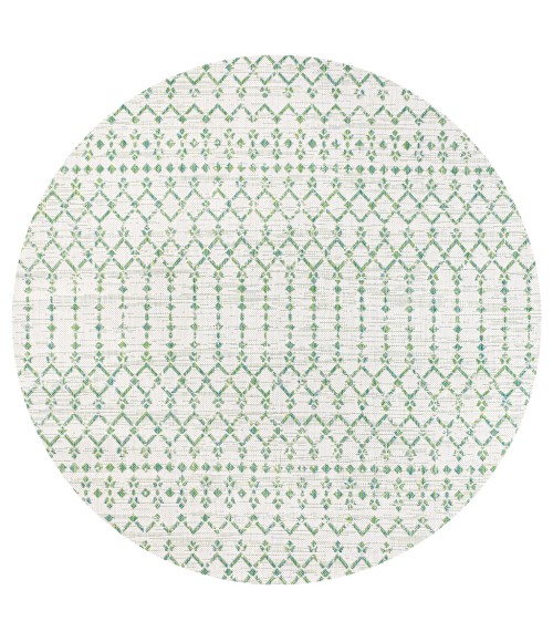 SANTA MONICA Area Rug Ourika Moroccan Geometric Textured Weave Green/Ivory 5' Round Indoor/Outdoor Area Rug