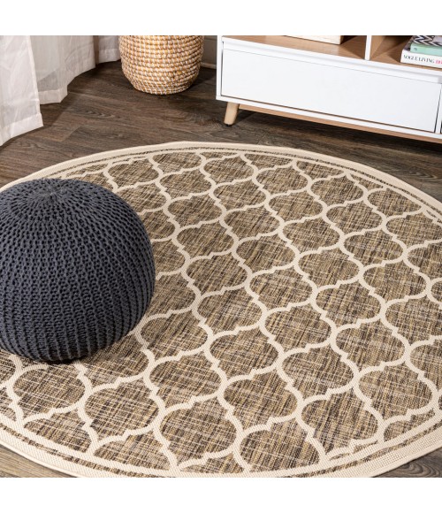 SANTA MONICA Area Rug Trebol Moroccan Trellis Textured Weave Brown/Beige 5' Round Indoor/Outdoor Area Rug