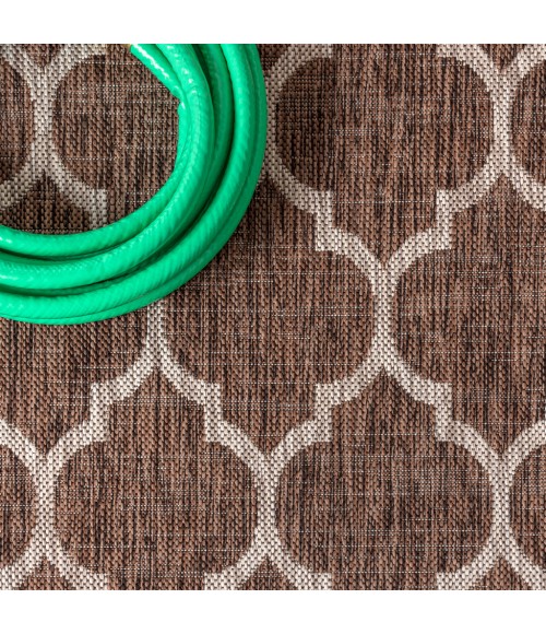 SANTA MONICA Area Rug Trebol Moroccan Trellis Textured Weave Espresso/Taupe 5' Round Indoor/Outdoor Area Rug
