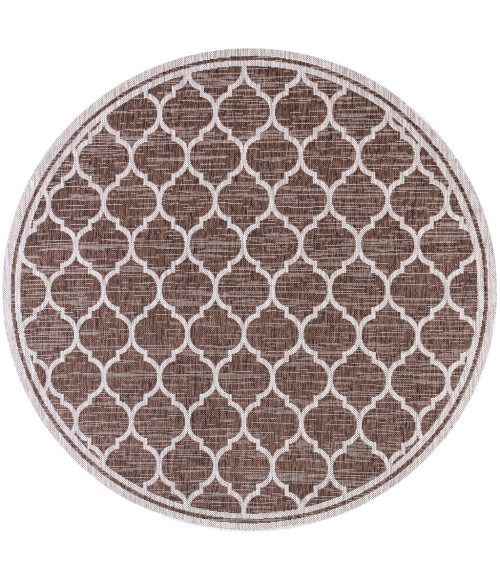 SANTA MONICA Area Rug Trebol Moroccan Trellis Textured Weave Espresso/Taupe 5' Round Indoor/Outdoor Area Rug