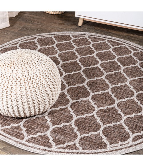 SANTA MONICA Area Rug Trebol Moroccan Trellis Textured Weave Espresso/Taupe 5' Round Indoor/Outdoor Area Rug