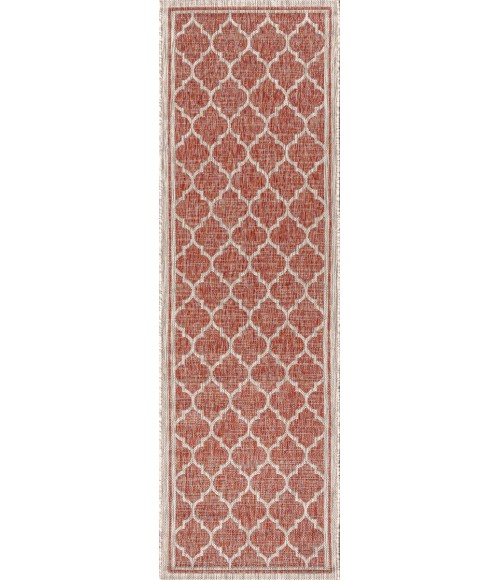 SANTA MONICA Area Rug Trebol Moroccan Trellis Textured Weave Red/Beige 2 ft. x 10 ft. Indoor/Outdoor Runner Rug