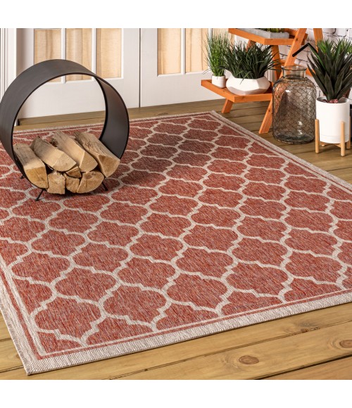 SANTA MONICA Area Rug Trebol Moroccan Trellis Textured Weave Red/Beige 4 ft. x 6 ft. Indoor/Outdoor Area Rug