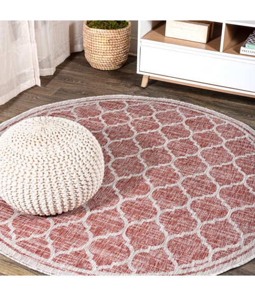 Trebol Moroccan Trellis Textured Weave Red/Beige 5' Round Indoor/Outdoor Area Rug
