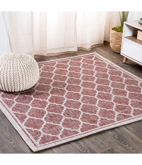 Trebol Moroccan Trellis Textured Weave Red/Beige 5' Square Indoor/Outdoor Area Rug