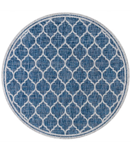 SANTA MONICA Area Rug Trebol Moroccan Trellis Textured Weave Navy/Gray 5' Round Indoor/Outdoor Area Rug