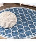 SANTA MONICA Area Rug Trebol Moroccan Trellis Textured Weave Navy/Gray 5' Round Indoor/Outdoor Area Rug