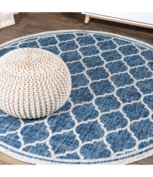 SANTA MONICA Area Rug Trebol Moroccan Trellis Textured Weave Navy/Gray 5' Round Indoor/Outdoor Area Rug