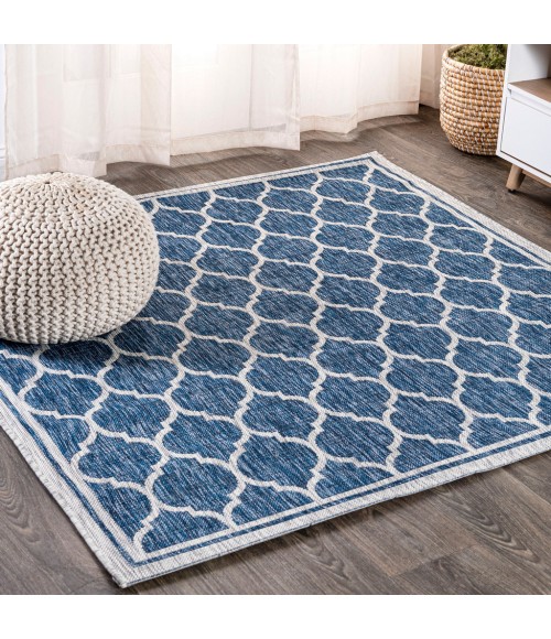 Trebol Moroccan Trellis Textured Weave Navy/Gray 5' Square Indoor/Outdoor Area Rug