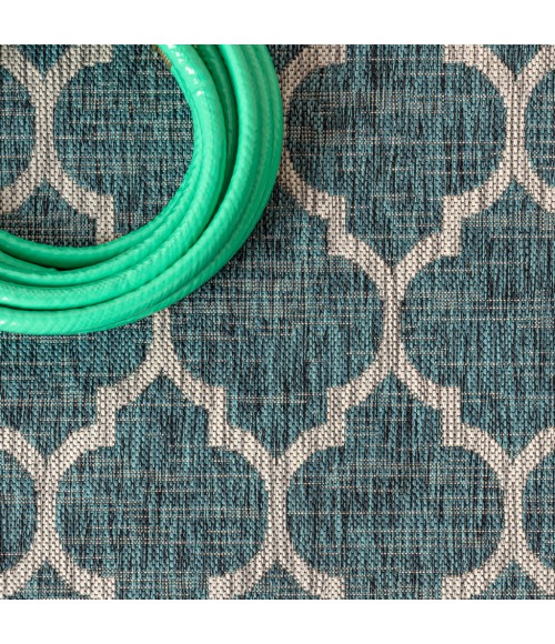SANTA MONICA Area Rug Trebol Moroccan Trellis Textured Weave Teal/Gray 4 ft. x 6 ft. Indoor/Outdoor Area Rug