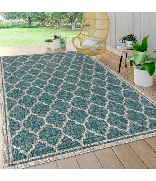 SANTA MONICA Area Rug Trebol Moroccan Trellis Textured Weave Teal/Gray 4 ft. x 6 ft. Indoor/Outdoor Area Rug