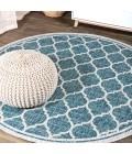 Trebol Moroccan Trellis Textured Weave Teal/Gray 5' Round Indoor/Outdoor Area Rug
