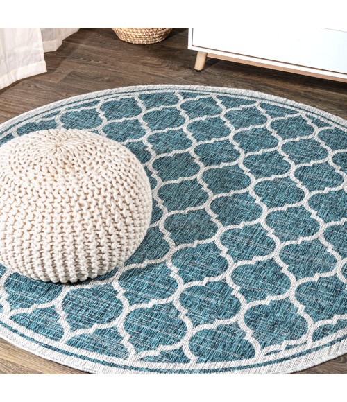 Trebol Moroccan Trellis Textured Weave Teal/Gray 5' Round Indoor/Outdoor Area Rug