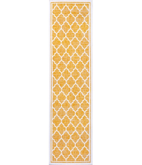 SANTA MONICA Area Rug Trebol Moroccan Trellis Textured Weave Yellow/Cream 2 ft. x 10 ft. Indoor/Outdoor Runner Rug
