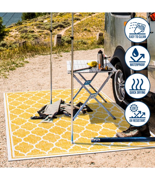 SANTA MONICA Area Rug Trebol Moroccan Trellis Textured Weave Yellow/Cream 2 ft. x 10 ft. Indoor/Outdoor Runner Rug
