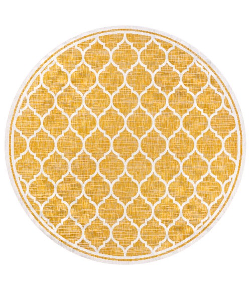 SANTA MONICA Area Rug Trebol Moroccan Trellis Textured Weave Yellow/Cream 5' Round Indoor/Outdoor Area Rug