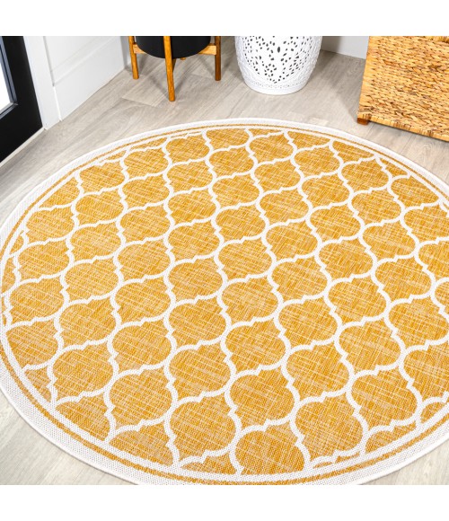SANTA MONICA Area Rug Trebol Moroccan Trellis Textured Weave Yellow/Cream 5' Round Indoor/Outdoor Area Rug