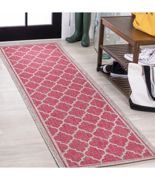 SANTA MONICA Area Rug Trebol Moroccan Trellis Textured Weave Fuchsia/Light Gray 2 ft. x 8 ft. Indoor/Outdoor Runner Rug