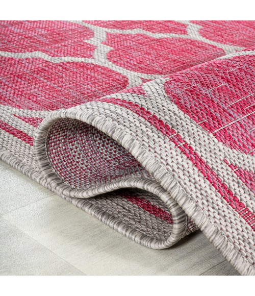SANTA MONICA Area Rug Trebol Moroccan Trellis Textured Weave Fuchsia/Light Gray 2 ft. x 8 ft. Indoor/Outdoor Runner Rug