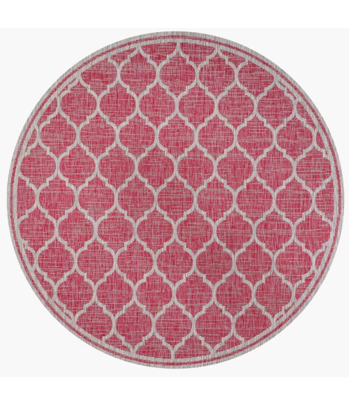 SANTA MONICA Area Rug Trebol Moroccan Trellis Textured Weave Fuchsia/Light Gray 5' Round Indoor/Outdoor Area Rug