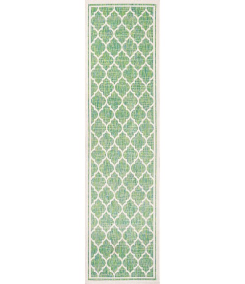 SANTA MONICA Area Rug Trebol Moroccan Trellis Textured Weave Cream/Green 2 ft. x 10 ft. Indoor/Outdoor Runner Rug