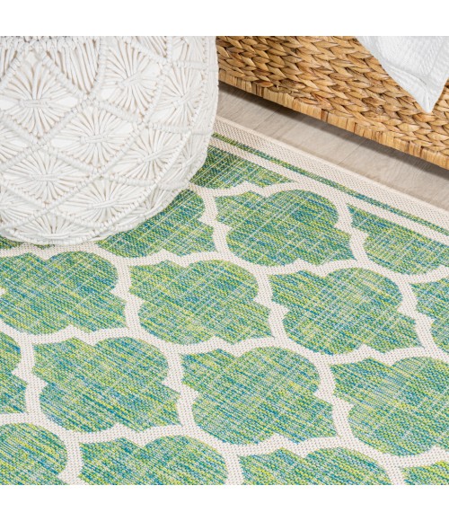 SANTA MONICA Area Rug Trebol Moroccan Trellis Textured Weave Cream/Green 5' Square Indoor/Outdoor Area Rug
