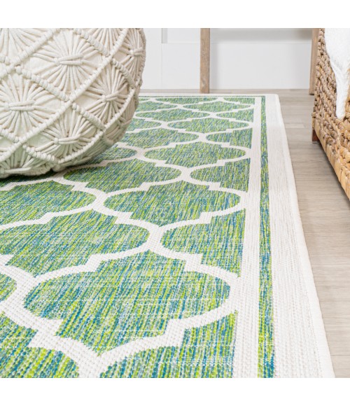 SANTA MONICA Area Rug Trebol Moroccan Trellis Textured Weave Cream/Green 5' Square Indoor/Outdoor Area Rug