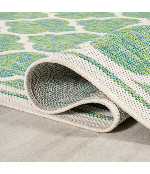 SANTA MONICA Area Rug Trebol Moroccan Trellis Textured Weave Cream/Green 5' Square Indoor/Outdoor Area Rug
