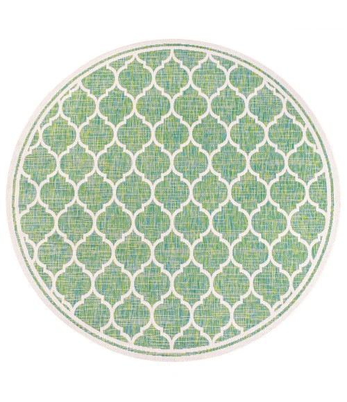 SANTA MONICA Area Rug Trebol Moroccan Trellis Textured Weave Cream/Green 5' Round Indoor/Outdoor Area Rug
