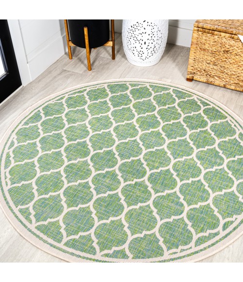 SANTA MONICA Area Rug Trebol Moroccan Trellis Textured Weave Cream/Green 5' Round Indoor/Outdoor Area Rug