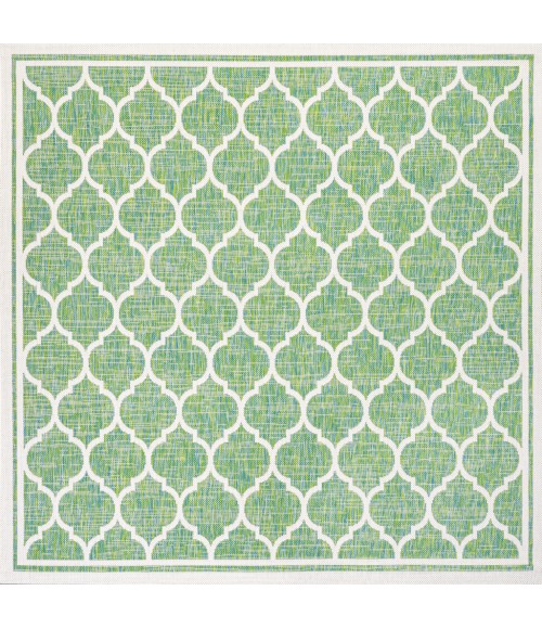 SANTA MONICA Area Rug Trebol Moroccan Trellis Textured Weave Cream/Green 5' Square Indoor/Outdoor Area Rug