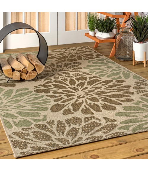 SANTA MONICA Area Rug Zinnia Modern Floral Textured Weave Sage/Brown 8 ft. x 10 ft. Indoor/Outdoor Area Rug