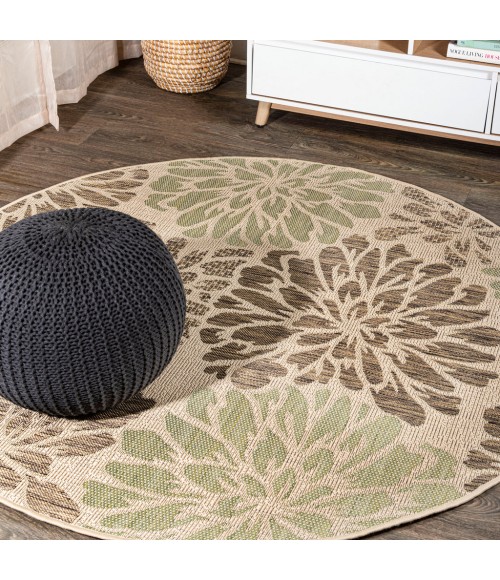 SANTA MONICA Area Rug Zinnia Modern Floral Textured Weave Sage/Brown 5' Round Indoor/Outdoor Area Rug