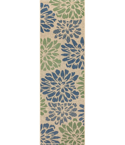 SANTA MONICA Area Rug Zinnia Modern Floral Textured Weave Navy/Green 2 ft. x 10 ft. Indoor/Outdoor Runner Rug