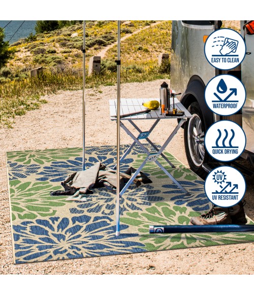 SANTA MONICA Area Rug Zinnia Modern Floral Textured Weave Navy/Green 2 ft. x 10 ft. Indoor/Outdoor Runner Rug