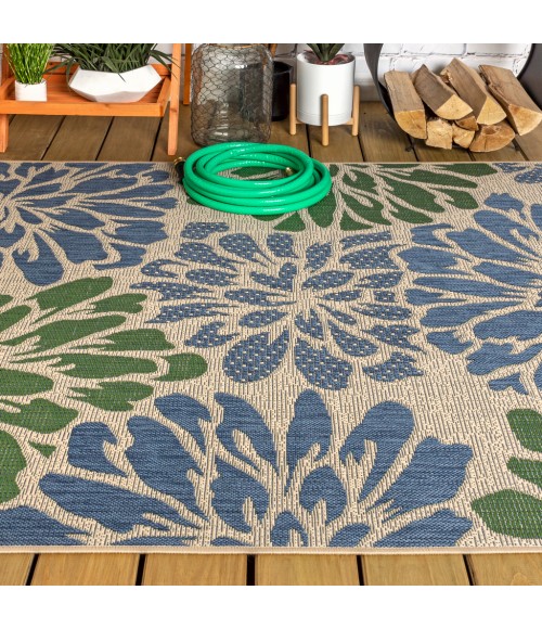 SANTA MONICA Area Rug Zinnia Modern Floral Textured Weave Navy/Green 9 ft. x 12 ft. Indoor/Outdoor Area Rug