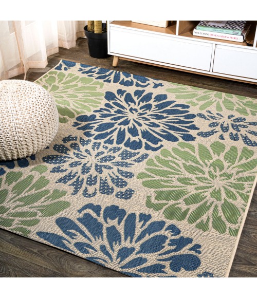 SANTA MONICA Area Rug Zinnia Modern Floral Textured Weave Navy/Green 5' Square Indoor/Outdoor Area Rug