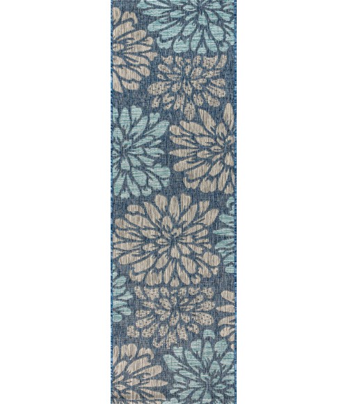 SANTA MONICA Area Rug Zinnia Modern Floral Textured Weave Navy/Aqua 2 ft. x 10 ft. Indoor/Outdoor Runner Rug