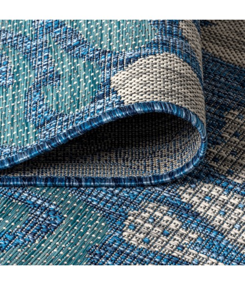 SANTA MONICA Area Rug Zinnia Modern Floral Textured Weave Navy/Aqua 5' Square Indoor/Outdoor Area Rug