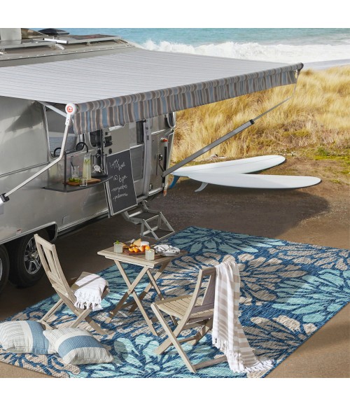 SANTA MONICA Area Rug Zinnia Modern Floral Textured Weave Navy/Aqua 5' Square Indoor/Outdoor Area Rug